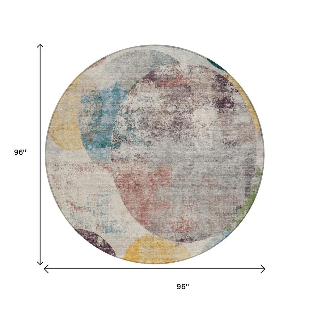 8' Beige Teal Blue And Gold Round Geometric Washable Indoor Outdoor Area Rug HomeRoots