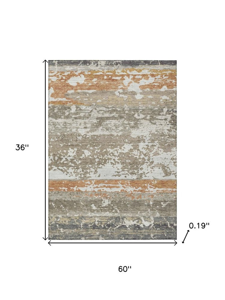 3' X 5' Taupe Copper And Ivory Striped Washable Indoor Outdoor Area Rug HomeRoots
