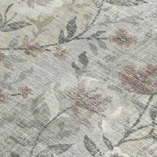8' X 10' Beige Sage And Brown Floral Washable Indoor Outdoor Area Rug