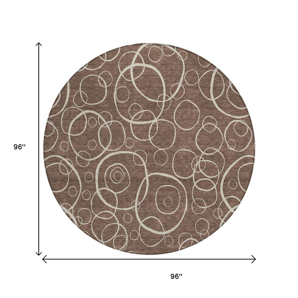 8' Brown And Beige Round Geometric Washable Indoor Outdoor Area Rug HomeRoots