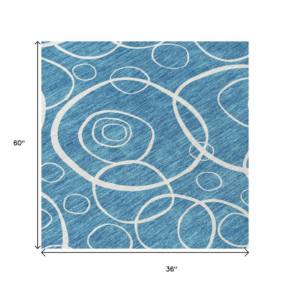 3' X 5' Teal Blue And Ivory Geometric Washable Indoor Outdoor Area Rug HomeRoots