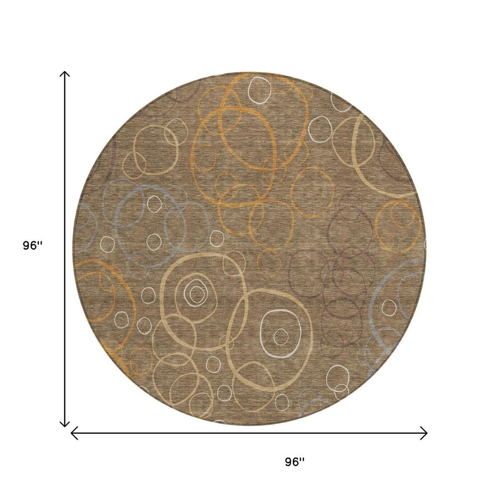 8' Brown Copper And Ivory Round Geometric Washable Indoor Outdoor Area Rug HomeRoots