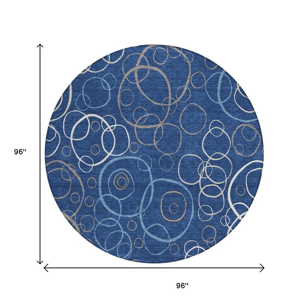 8' Navy Blue Ivory And Brown Round Geometric Washable Indoor Outdoor Area Rug HomeRoots
