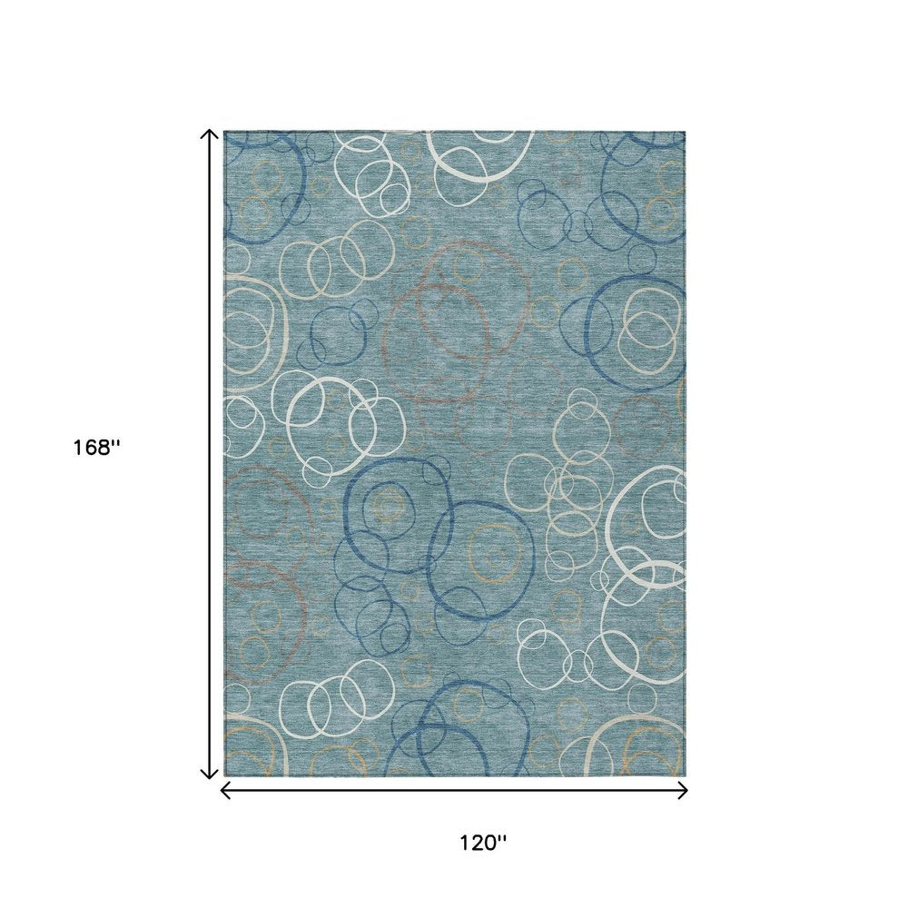 10' X 14' Teal Blue Beige And Ivory Geometric Washable Indoor Outdoor Area Rug HomeRoots