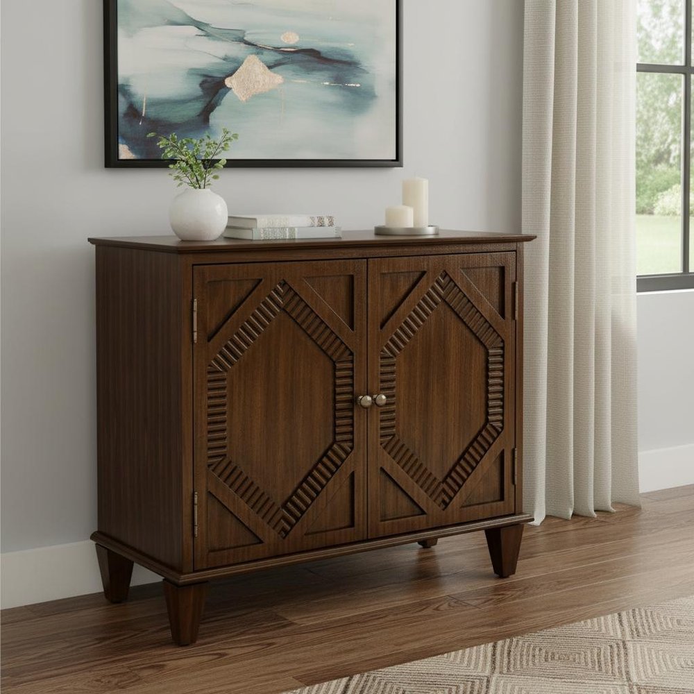 34" Brown Wood Carved Geometric Accent Cabinet With Two Doors HomeRoots