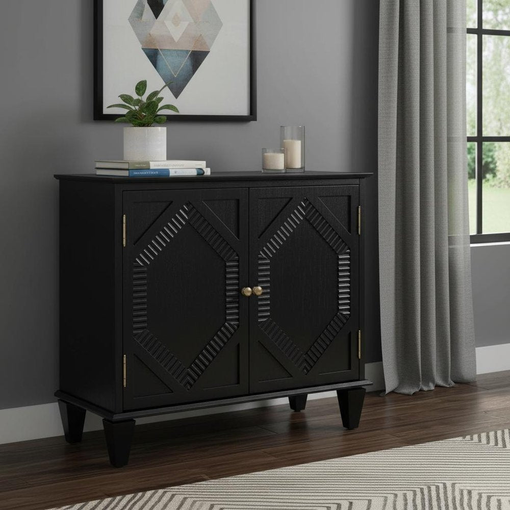 34" Black Wood Carved Geometric Accent Cabinet With Two Doors HomeRoots