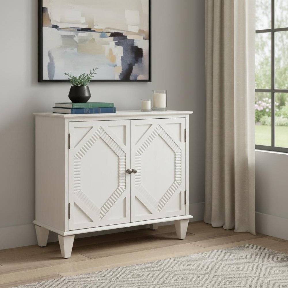 34" White Wood Carved Geometric Accent Cabinet With Two Doors HomeRoots