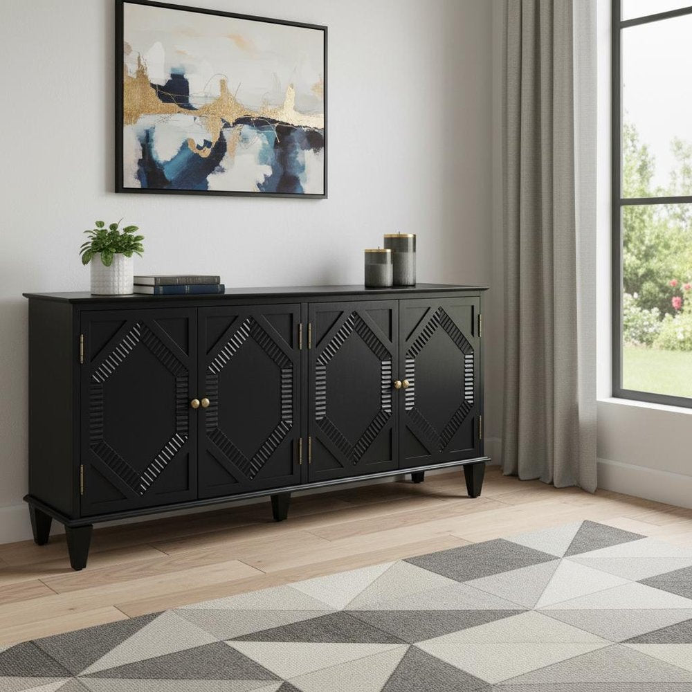 66" Black Wood Carved Geometric Accent Cabinet With Four Doors HomeRoots