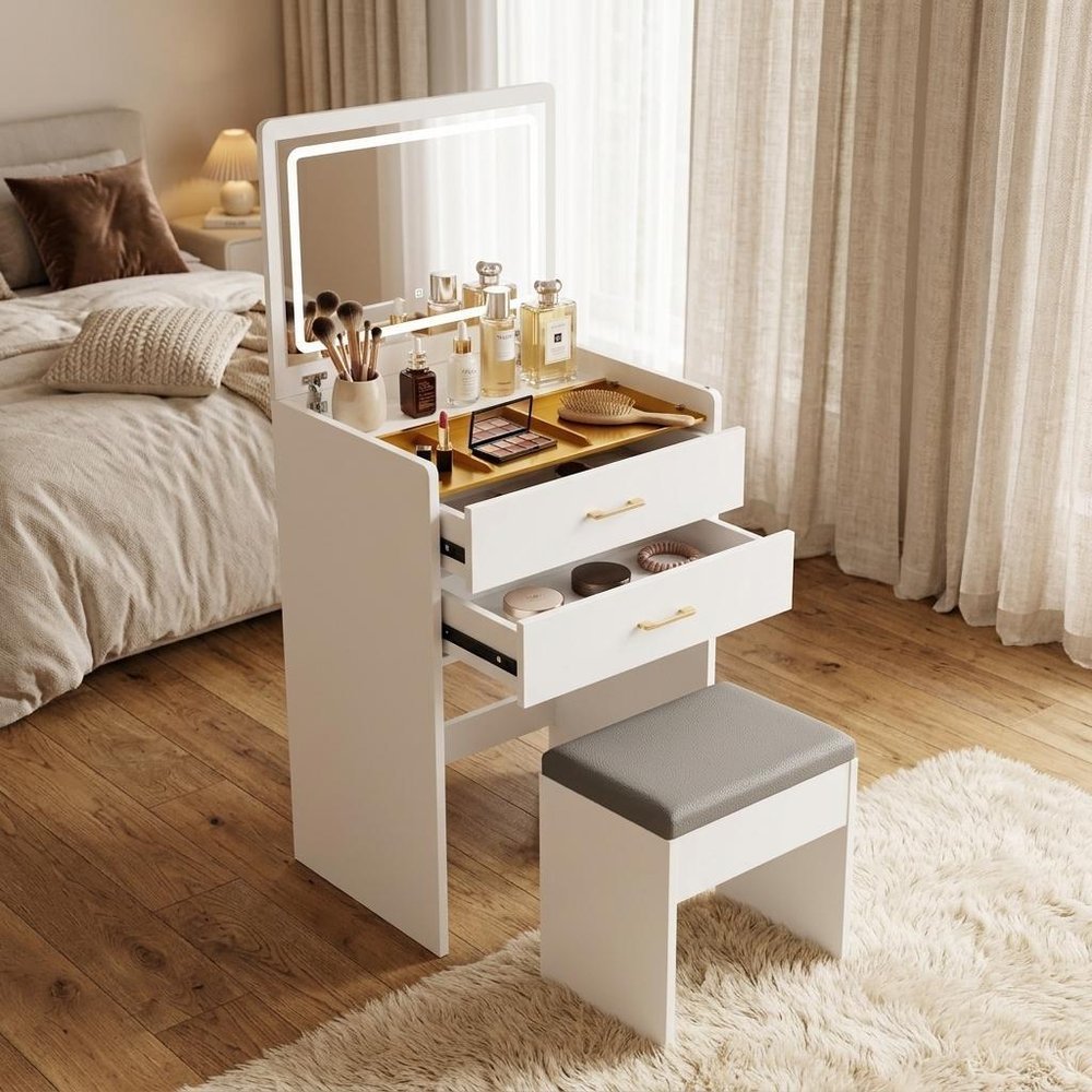 24" White Wood Mirrored Three Drawer Vanity Table HomeRoots
