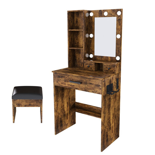 24" Brown Wood Mirrored Three Drawer Vanity Table And Lights