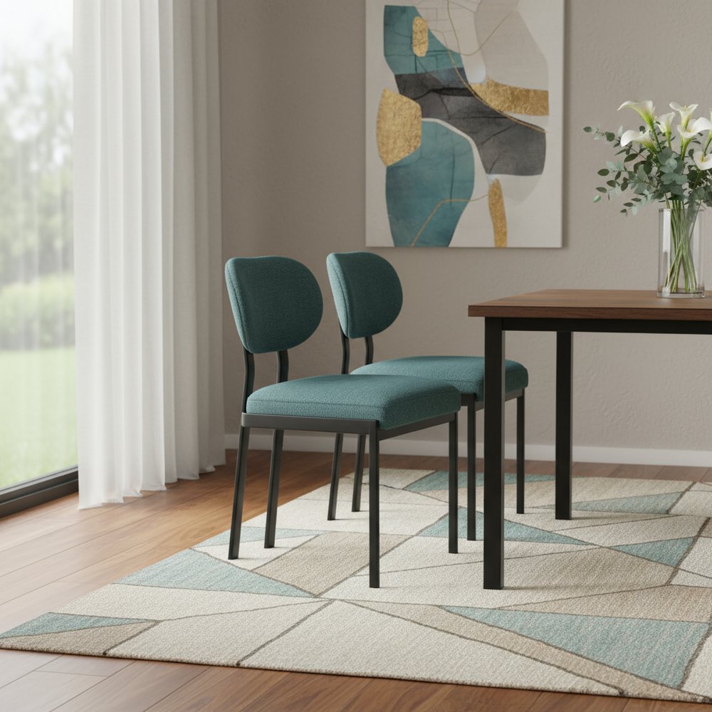 Set of Two Green and Black Chenille And Metal Partially Open Back Dining Side Chairs HomeRoots