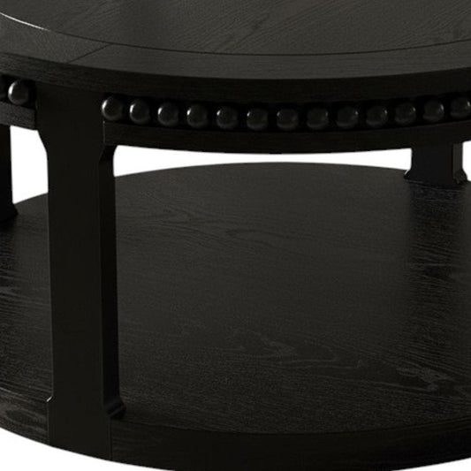 32" Black Wood Floor Shelf Beaded Round Coffee Table
