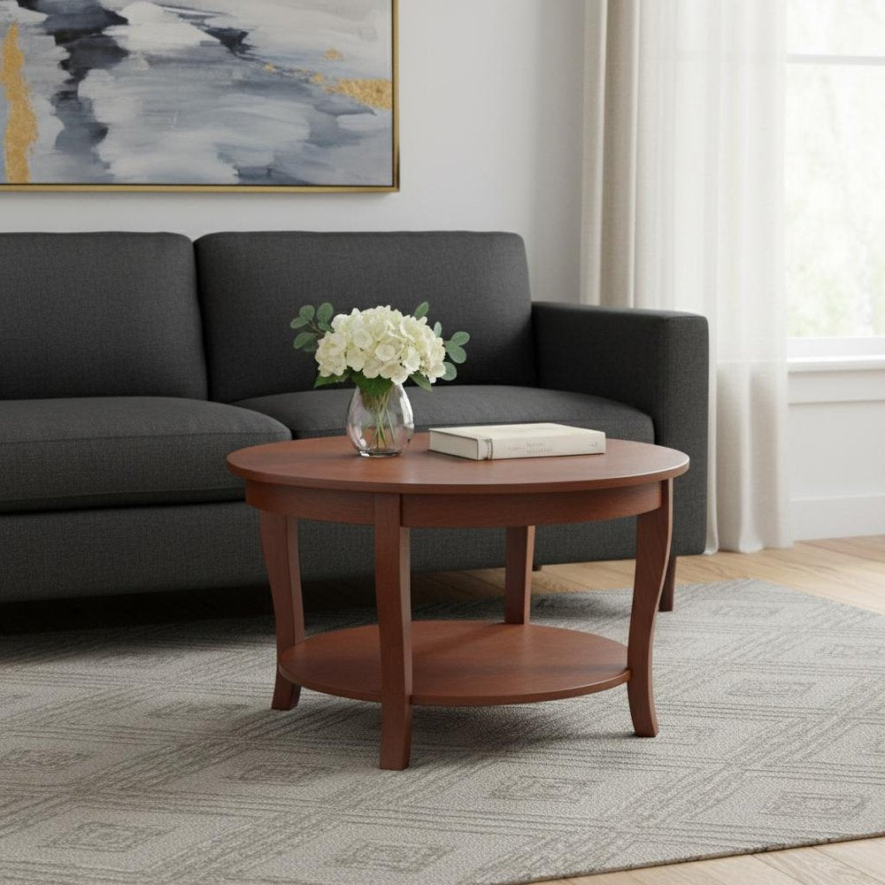 30" Walnut Wood Round Coffee Table With Shelf HomeRoots