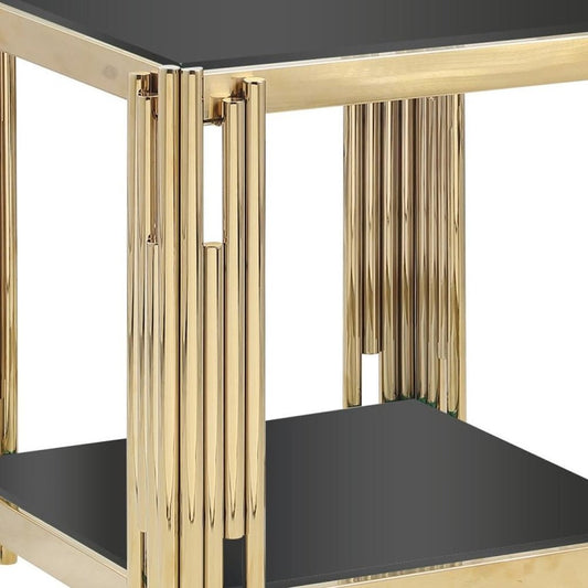 22" Black And Gold Tempered Glass And Steel End Table With Shelf