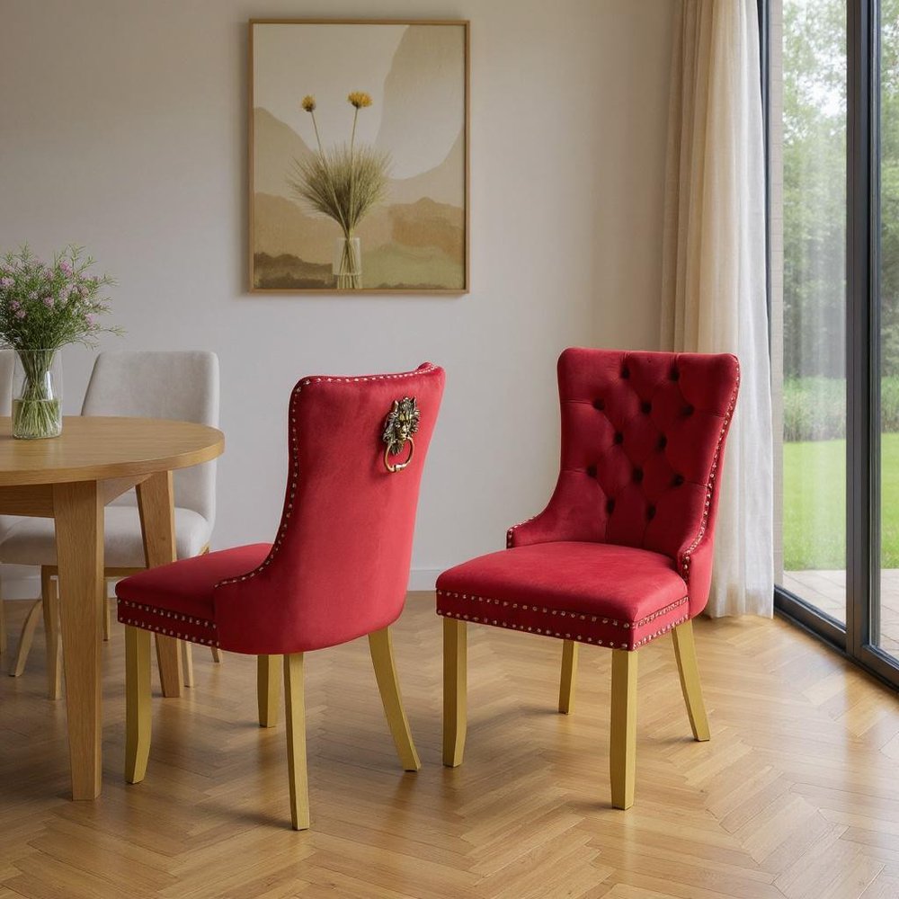 Set of Two Red and Gold Tufted Velvet And Solid Wood Dining Side Chairs HomeRoots