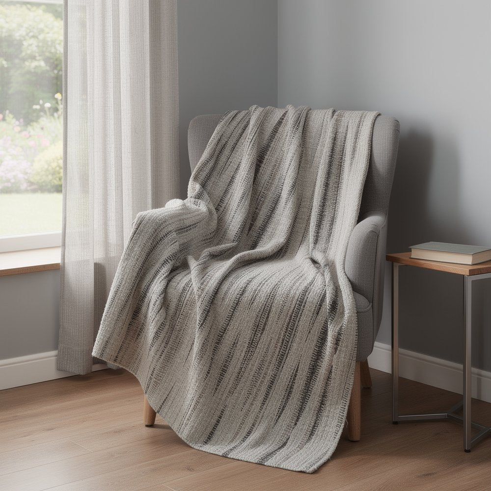 50" X 70" Beige And Charcoal Striped Microfiber Plush Throw Blanket HomeRoots