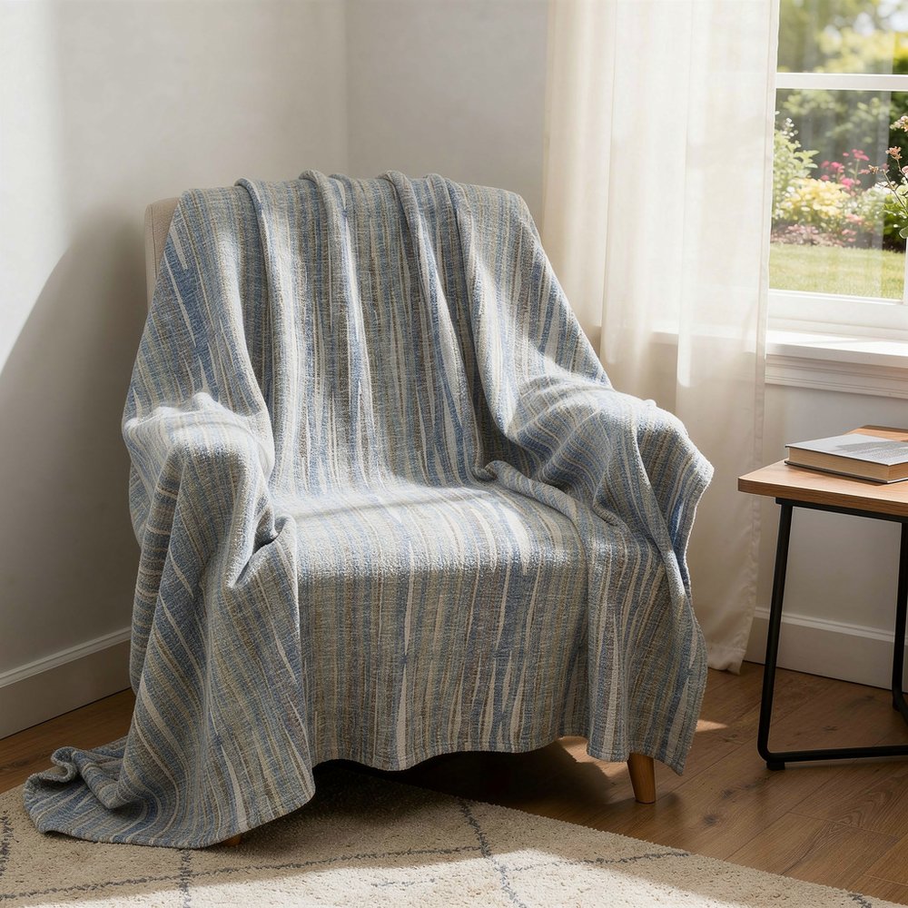 50" X 70" Blue And Beige Striped Microfiber Plush Throw Blanket HomeRoots