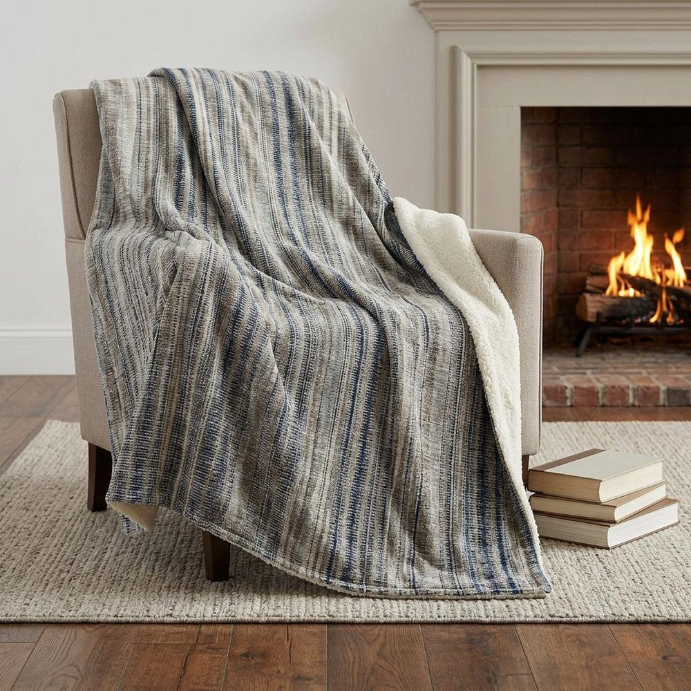 50" X 70" Brown And Blue Striped Plush Throw Blanket HomeRoots