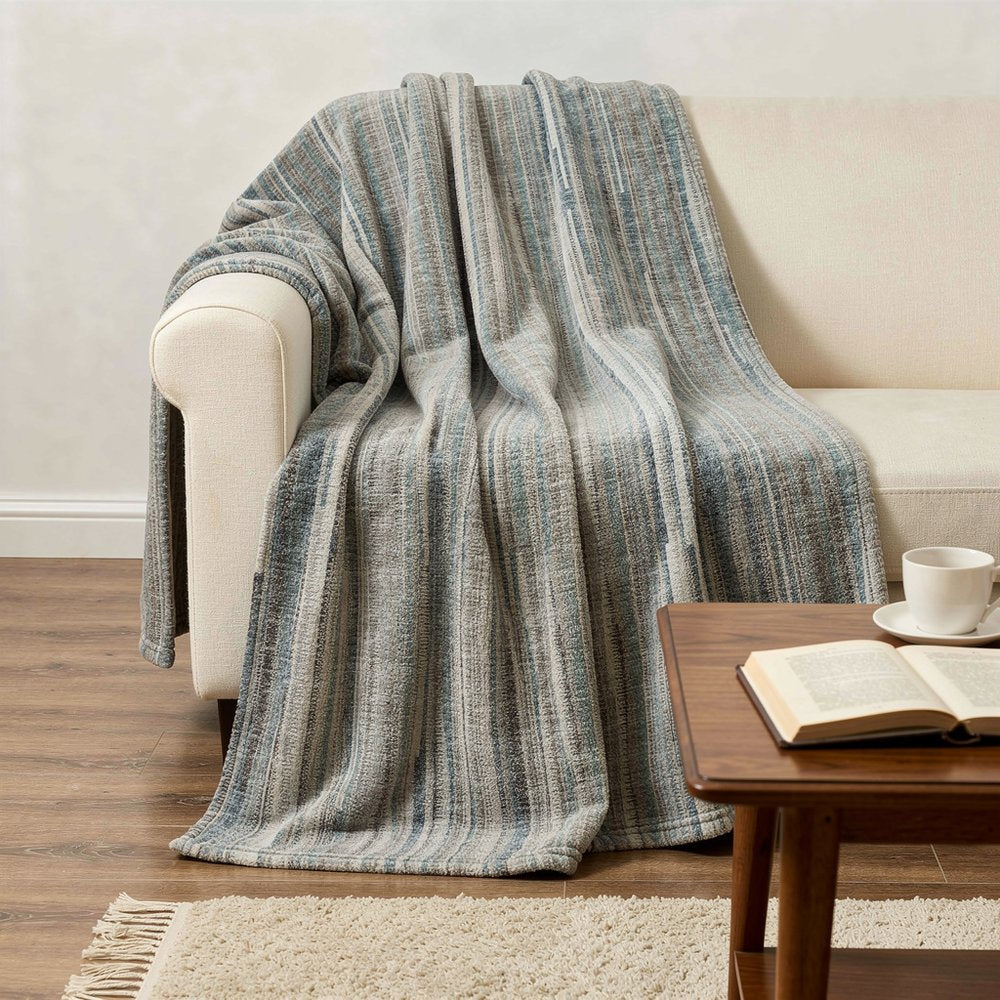 50" X 70" Ivory And Blue Striped Microfiber Plush Throw Blanket HomeRoots