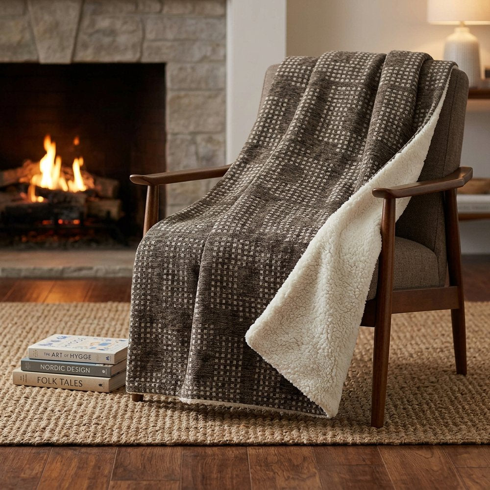 50" X 70" Brown And Ivory Geometric Polyester Woven Plush Throw Blanket HomeRoots
