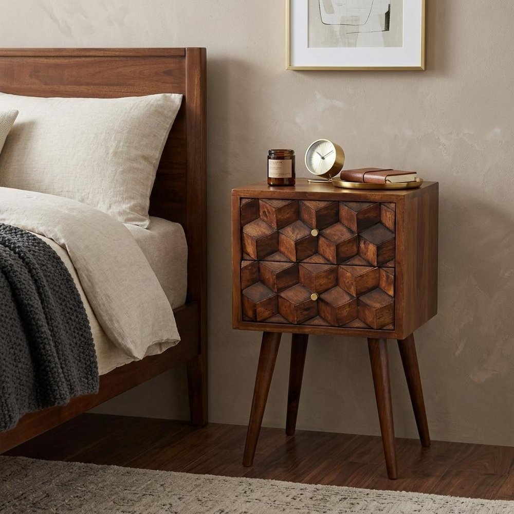 24" Brown Solid Wood Carved Geometric Two Drawer Nightstand HomeRoots