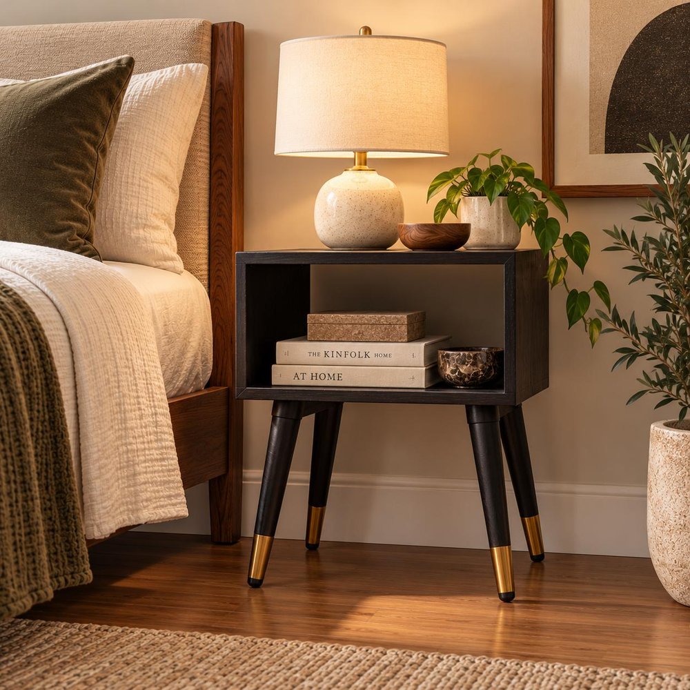 21" Black Solid Wood Nightstand