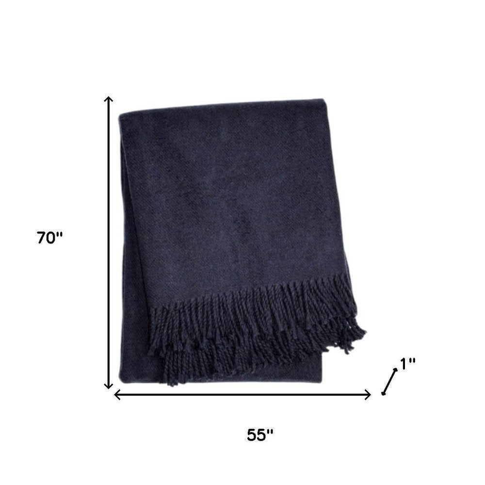 55" X 70" Navy Blue Cotton Blend Plush Throw Blanket with Fringe HomeRoots