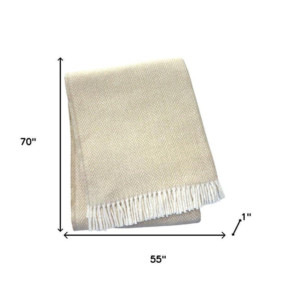 55" X 70" Linen And White Cotton Blend Herringbone Throw Blanket with Fringe HomeRoots