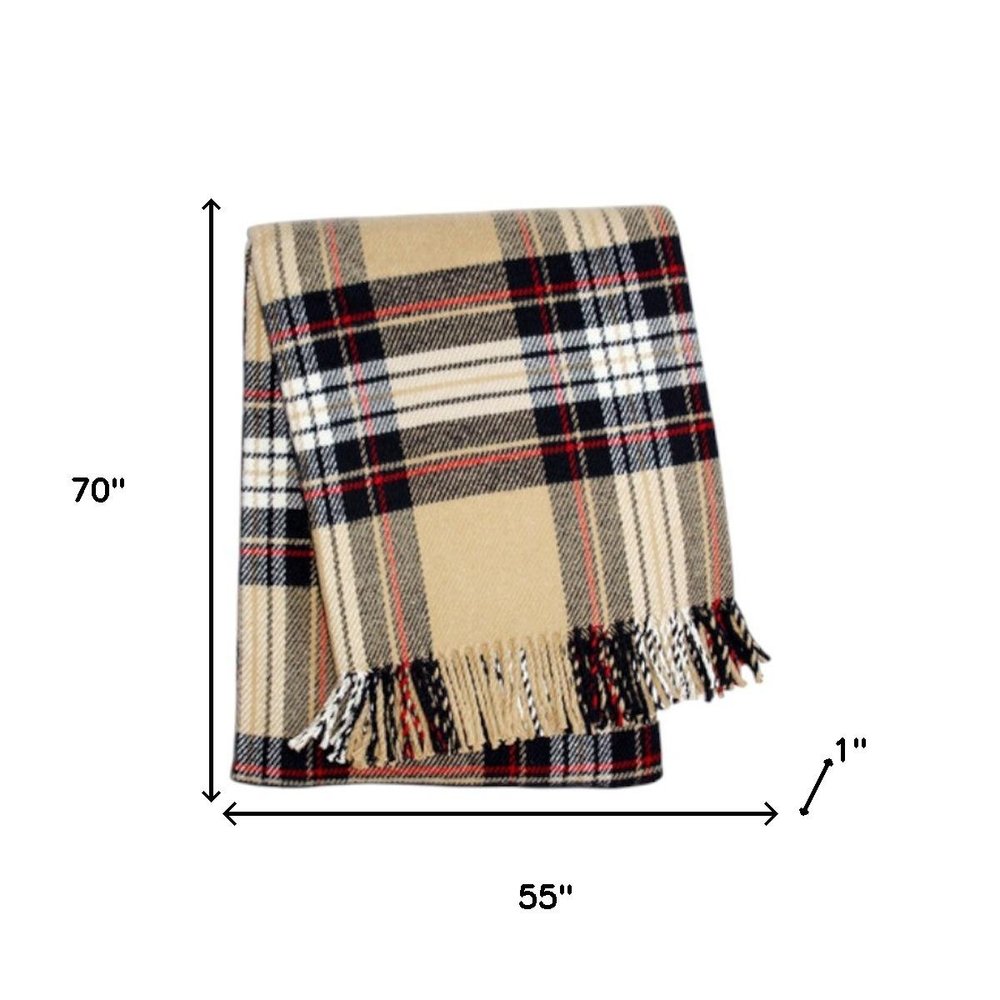 55" X 70" Camel Black Red And White Cotton Blend Plaid Throw Blanket with Fringe HomeRoots