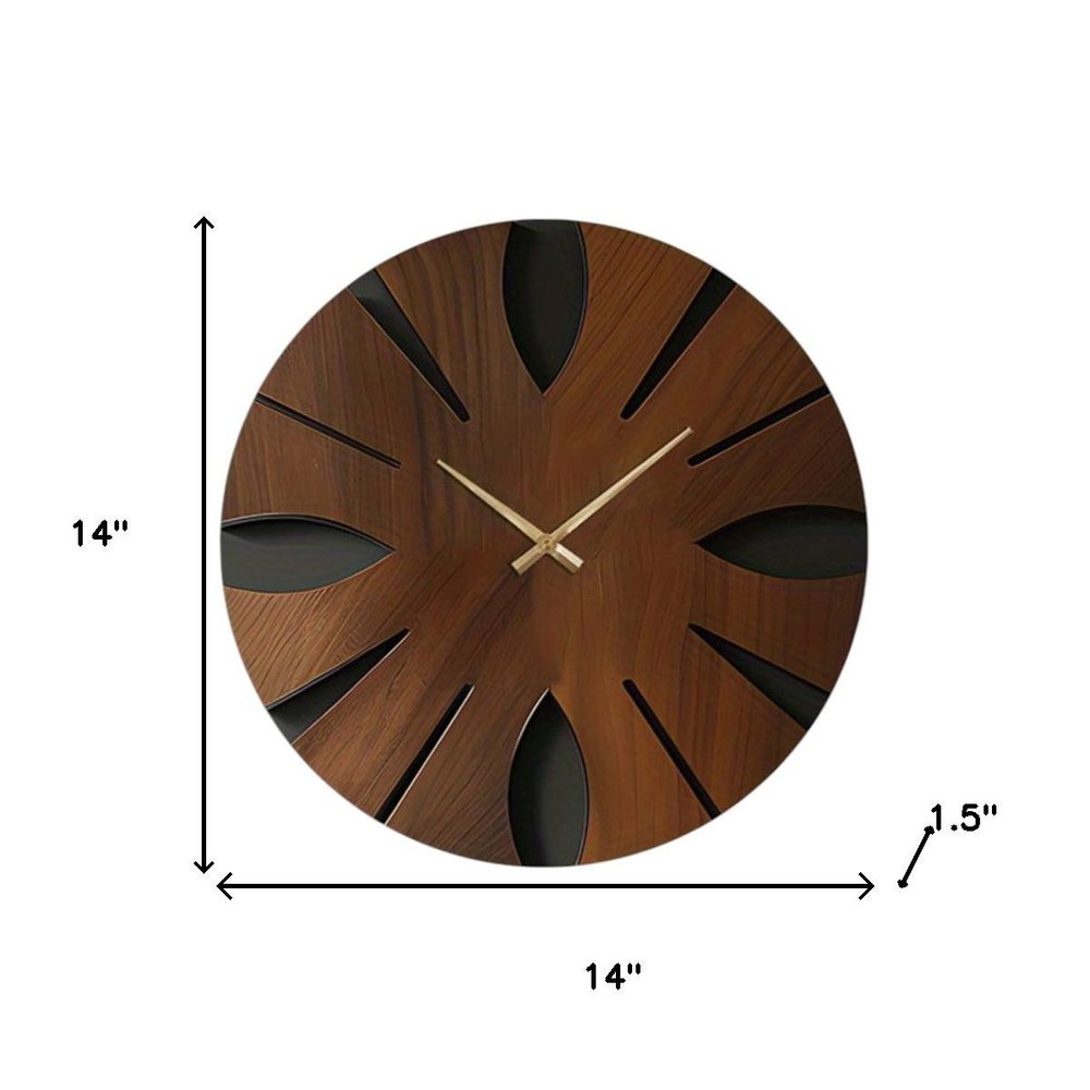 14" Brown Solid Wood Silent Analog Abstract Round Wall Clock HomeRoots