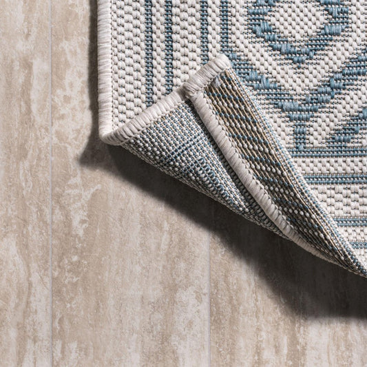 10' Teal Blue And Gray Moroccan Indoor Outdoor Runner Rug