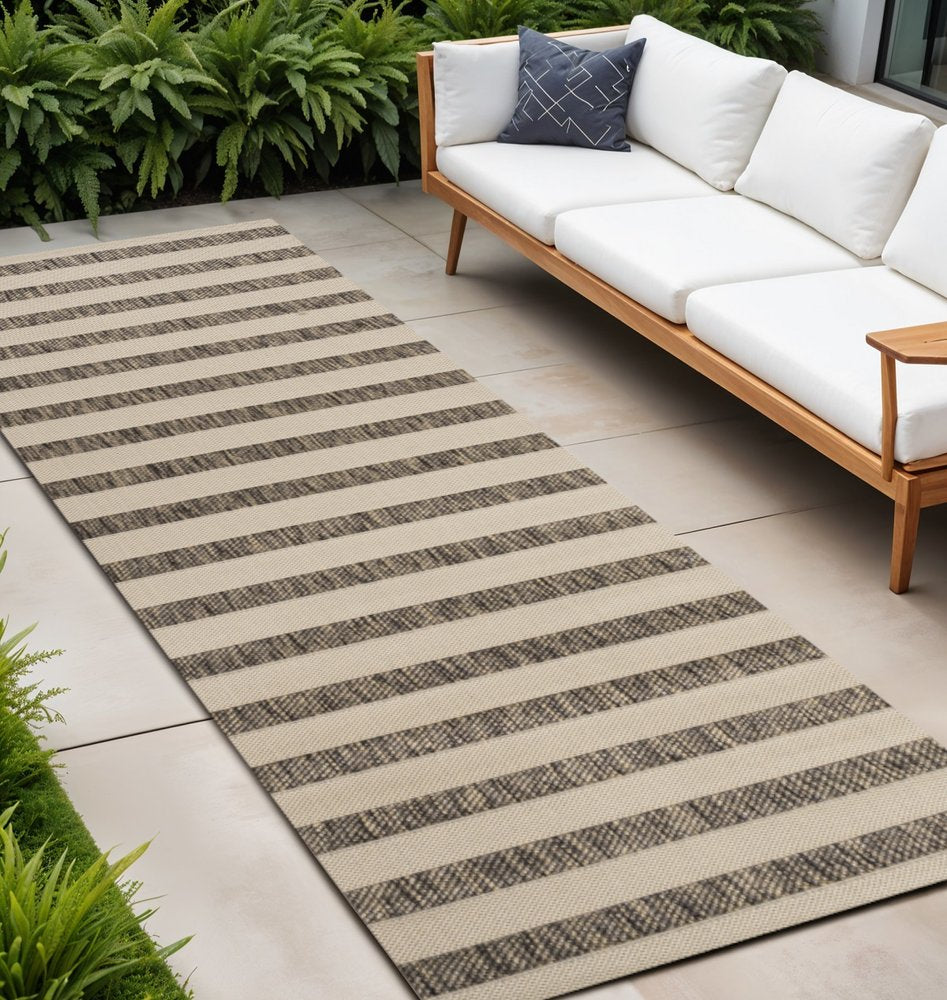 8' Beige And Brown Striped Indoor Outdoor Runner Rug HomeRoots