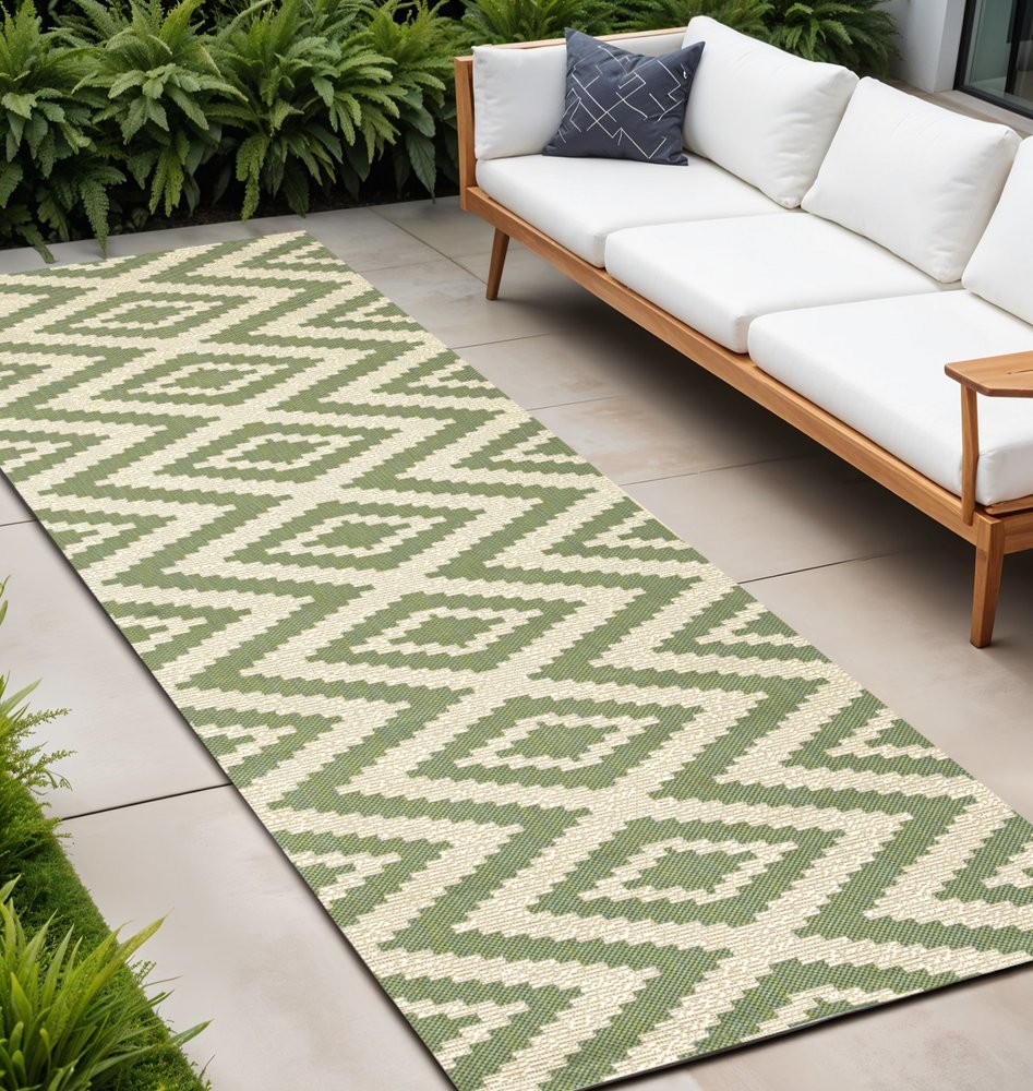 8' Green And Cream Moroccan Indoor Outdoor Runner Rug HomeRoots