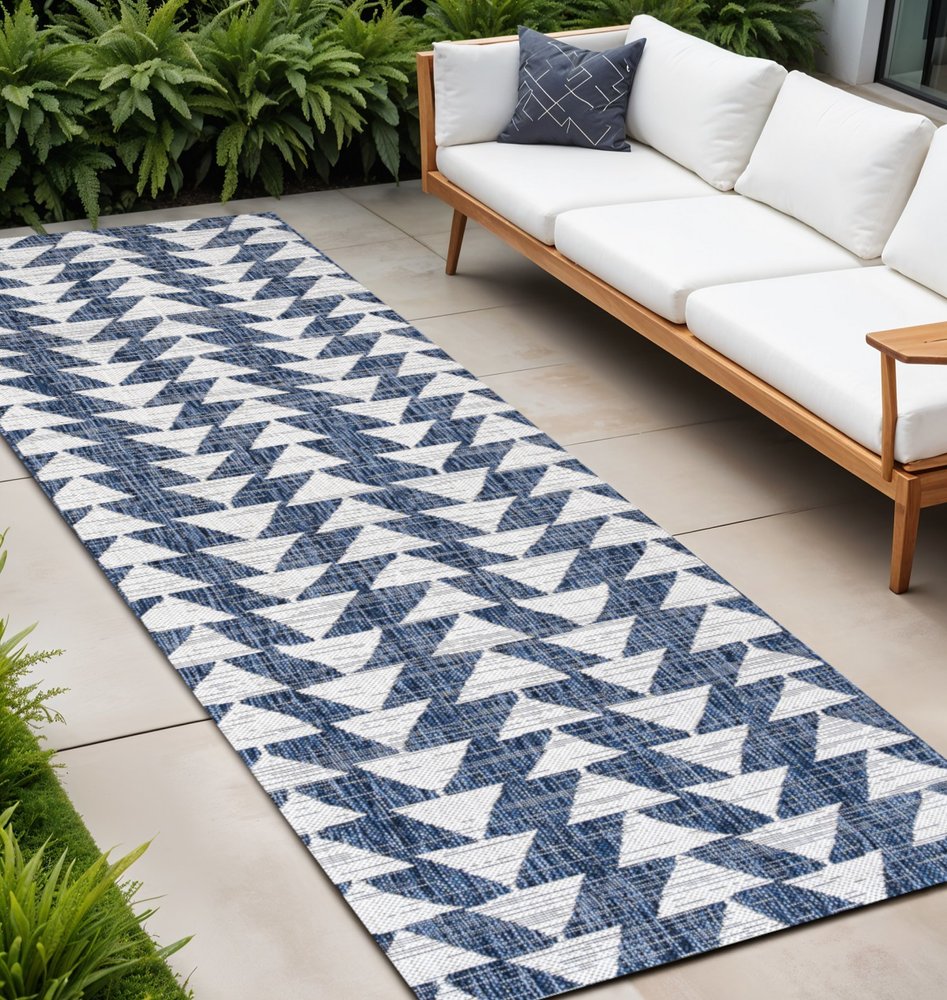 10' Ivory And Blue Geometric Indoor Outdoor Runner Rug HomeRoots
