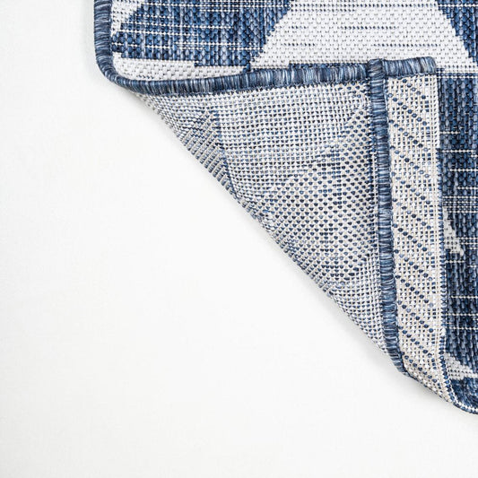 8' Ivory And Blue Geometric Indoor Outdoor Runner Rug