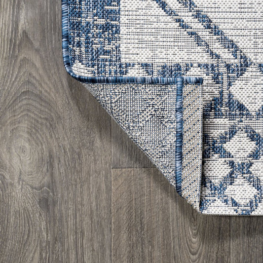 10' Ivory And Blue Moroccan Indoor Outdoor Runner Rug