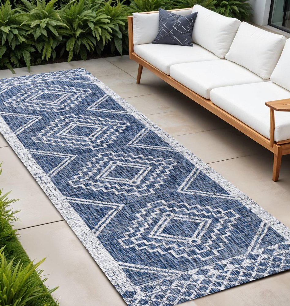 10' Blue And Ivory Moroccan Indoor Outdoor Runner Rug HomeRoots