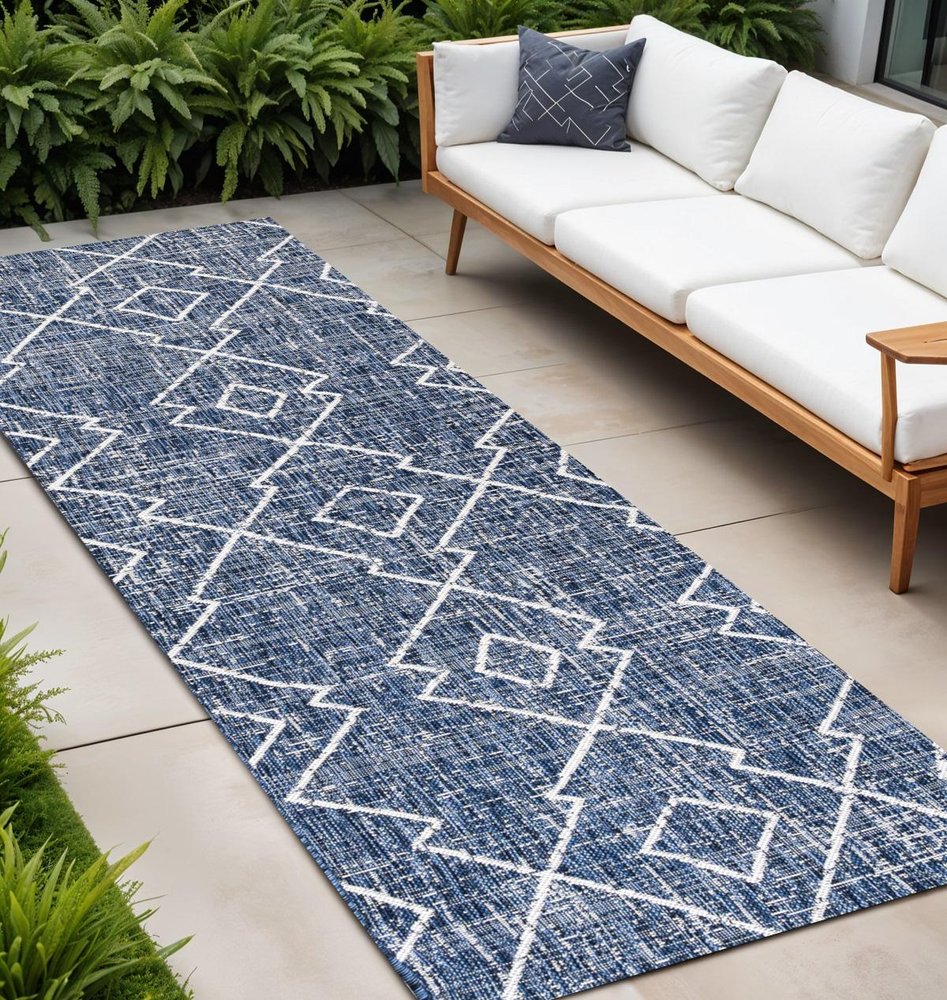 10' Blue And Ivory Trellis Indoor Outdoor Runner Rug HomeRoots