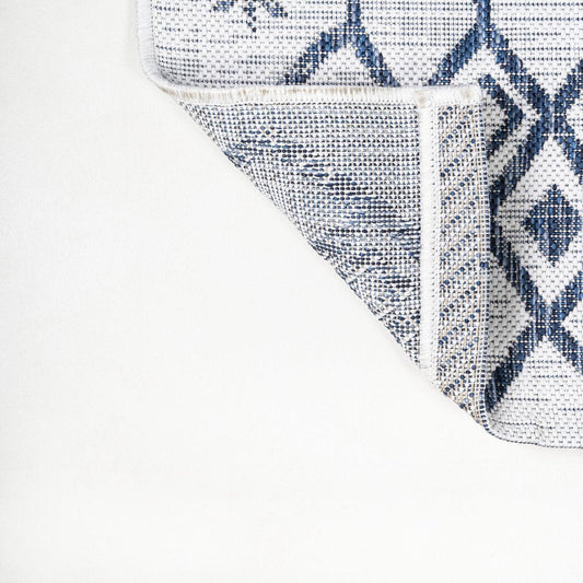 8' Ivory And Blue Trellis Indoor Outdoor Runner Rug