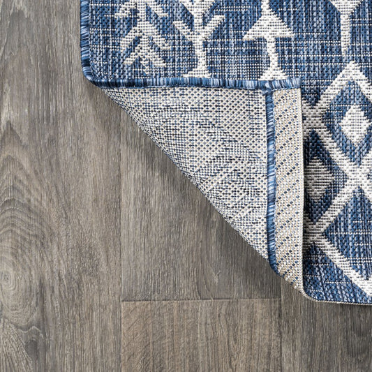 8' Blue And Ivory Trellis Indoor Outdoor Runner Rug