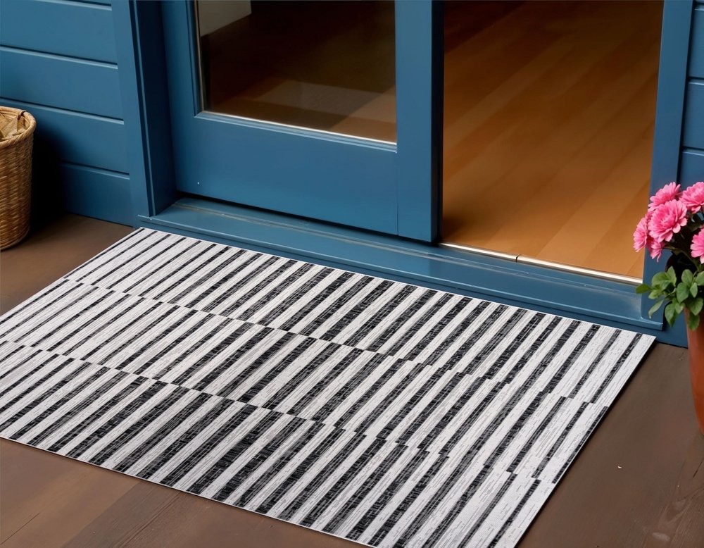 3' X 5' Ivory And Black Striped Indoor Outdoor Area Rug HomeRoots