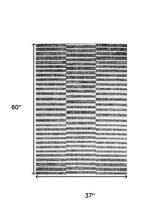 3' X 5' Black And Ivory Striped Indoor Outdoor Area Rug