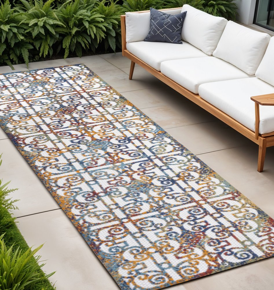 8' Cream Blue And Orange Trellis Indoor Outdoor Runner Rug HomeRoots