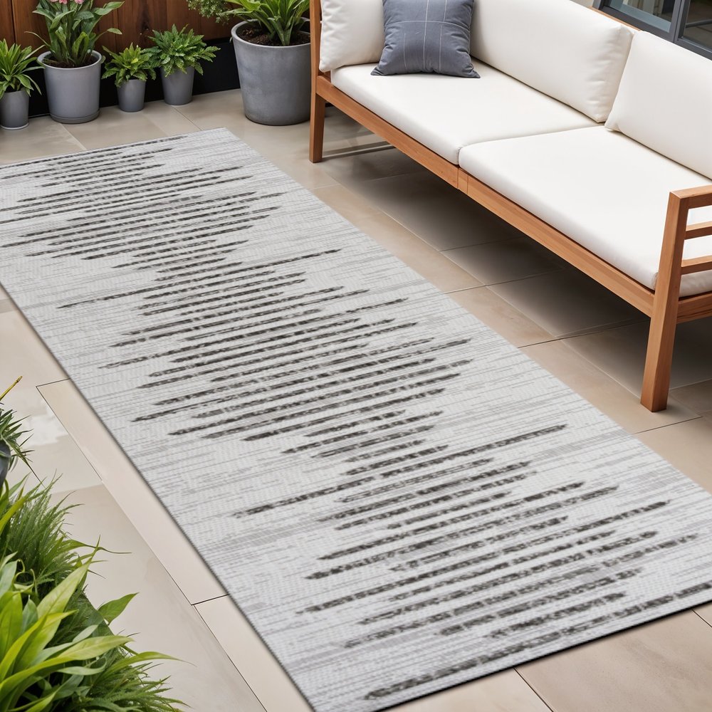 10' Ivory And Black Striped Indoor Outdoor Runner Rug HomeRoots