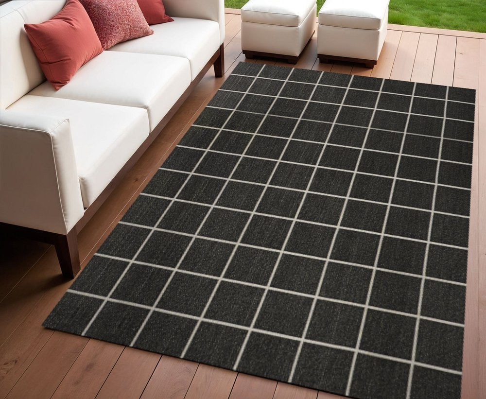 4' X 6' Dark Gray And Cream Plaid Indoor Outdoor Area Rug HomeRoots