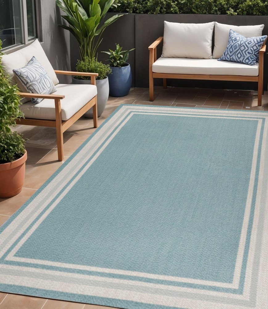 5' X 8' Aqua And Beige Striped Indoor Outdoor Area Rug HomeRoots