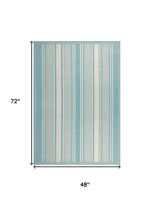 4' X 6' Aqua And Beige Striped Indoor Outdoor Area Rug