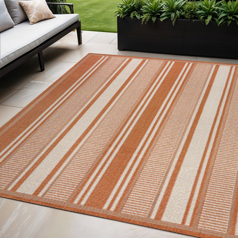 5' X 8' Orange And Cream Striped Indoor Outdoor Area Rug HomeRoots