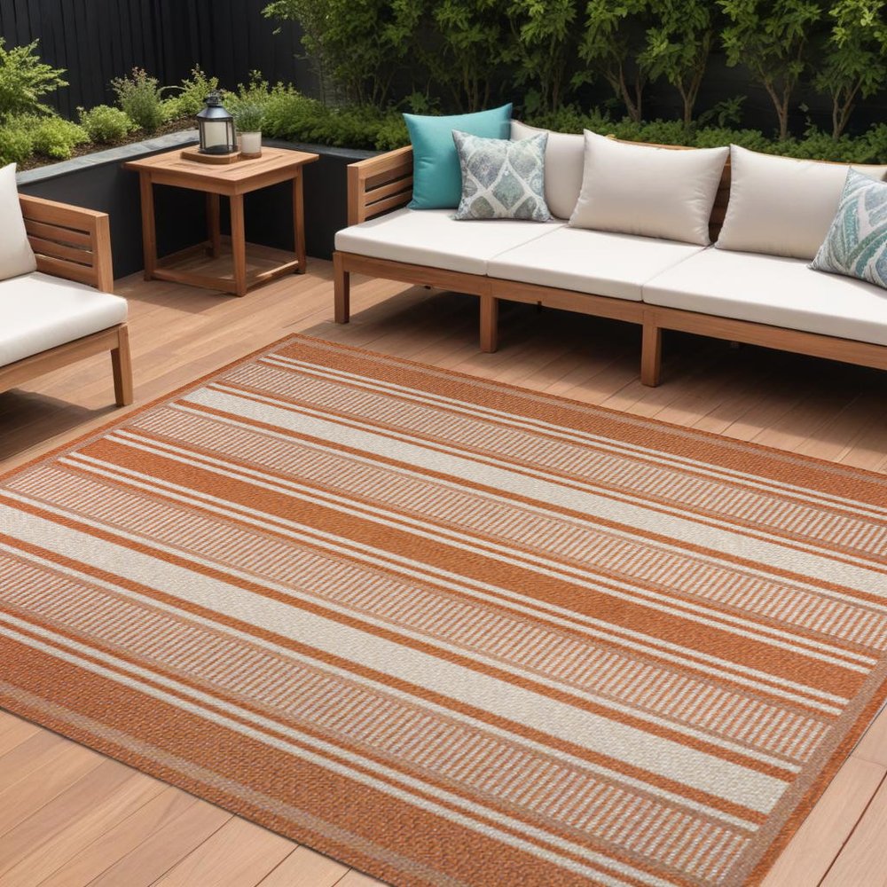 8' X 10' Orange And Cream Striped Indoor Outdoor Area Rug HomeRoots