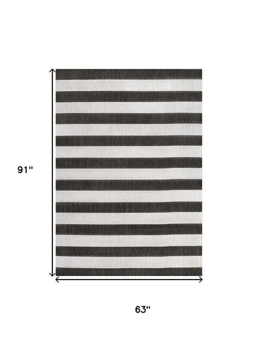 5' X 8' Black And Cream Striped Indoor Outdoor Area Rug